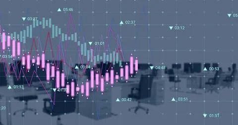 Image of graphs and data processing over computers on desks at empty office Foto stock