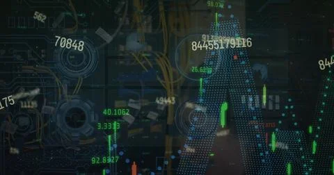 Image of graphs and data processing on interface with black background Foto stock