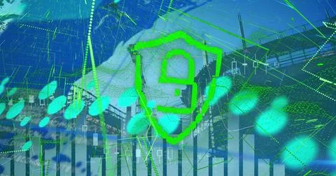 Image of graphs and digital padlock with green lines over construction site Stockfoto's
