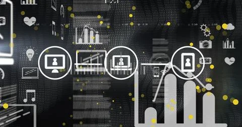 Image of graphs and diverse data processing on black digital screen Foto stock