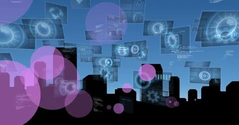 Image of graphs and diverse data processing on navy digital screen with Stock Photos