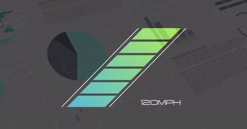 Image of graphs and diverse data over speedometer and grey background Stock Photos