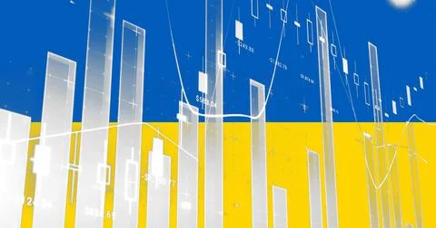 Image of graphs and financial data over flag of ukraine Stock Illustration