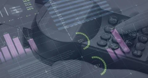 Image of graphs and financial data over hand of caucasian man holding payment Stock Illustration