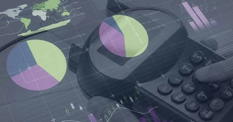 Image of graphs and financial data over hand of caucasian man holding payment Ilustração Stock