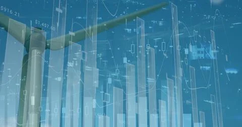 Image of graphs and financial data over wind turbine 스톡 일러스트