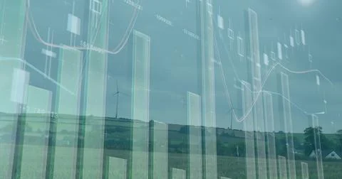 Image of graphs and financial data over wind turbine 스톡 일러스트