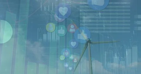 Image of graphs and financial data over wind turbine Stock Illustration