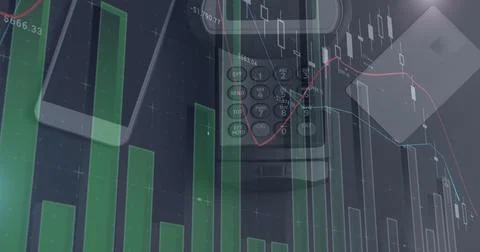 Image of graphs and financial data over payment terminal and smartphone Stock Illustration