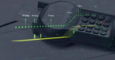 Image of graphs and financial data over payment terminal Ilustração Stock