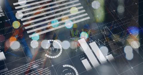 Image of graphs and financial data over caucasian male warehouse workers Stock Illustration