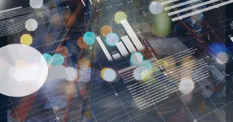 Image of graphs and financial data over caucasian male warehouse workers Stock Illustration