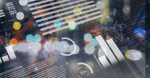 Image of graphs and financial data over caucasian male warehouse workers Stock Illustration