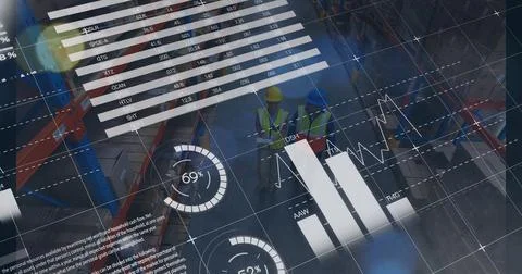 Image of graphs and financial data over caucasian male warehouse workers Stock Illustration
