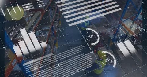 Image of graphs and financial data over caucasian male warehouse workers Stock Illustration