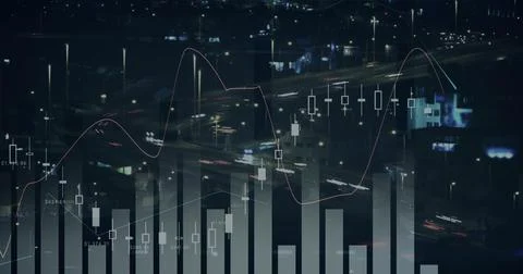 Image of graphs and financial data over timelapse of road traffic Ilustração Stock