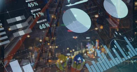 Image of graphs and financial data over caucasian male warehouse workers Stock Illustration