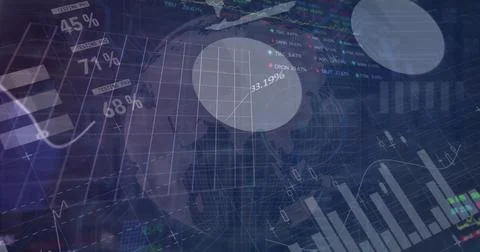 Image of graphs and financial data over globe on navy background Stock Illustration