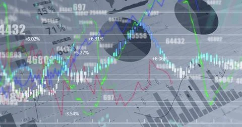 Image of graphs and financial data over grey background Stock Illustration