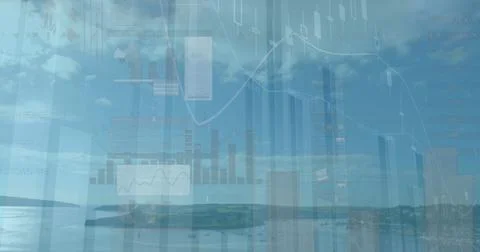 Image of graphs and financial data over seascape 스톡 일러스트