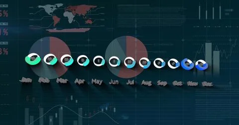 Image of graphs and financial data on black background 스톡 일러스트