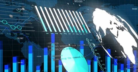 Image of graphs and financial data over world map and digital screen Stock Illustration