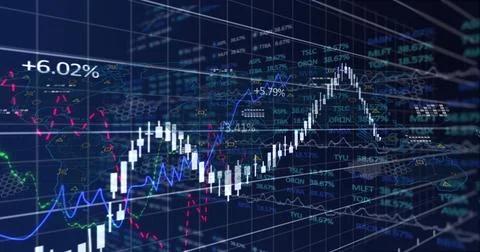 Image of graphs and financial data on navy background イラスト素材