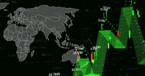 Image of graphs and financial data over world map on black background Stock Illustration