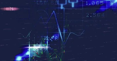 Image of graphs and financial data over world map and blue and black background 스톡 사진
