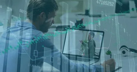 Image of graphs and financial data over caucasian man having image call on Stock Photos