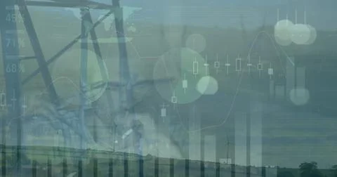 Image of graphs and financial data over electricity pole at sunset Stock Photos
