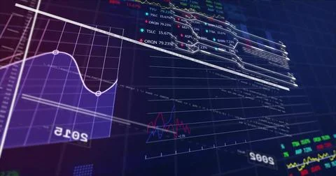 Image of graphs and financial processing data on black background Foto stock