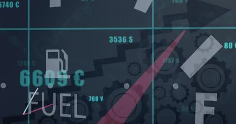 Image of graphs and fuel control over cogs Ilustração Stock