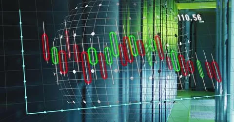 Image of graphs and globe over servers Foto stock