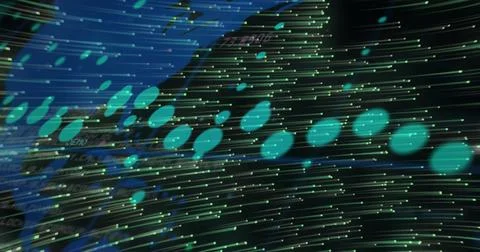 Image of graphs and green lights moving on black background Foto stock