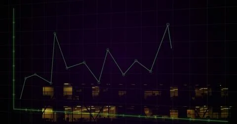 Image of graphs and grid pattern over illuminated modern building in background Stock Photos