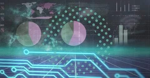 Image of graphs and integrated circuit moving in digital space 스톡 일러스트