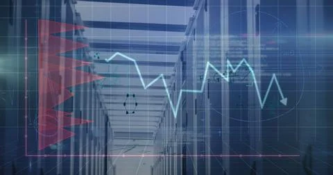 Image of graphs and lights over servers 스톡 사진