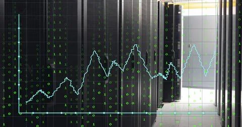 Image of graphs and lights over servers Foto stock