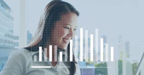 Image of graphs and loading bars, asian woman standing and using laptop in Stock Illustration