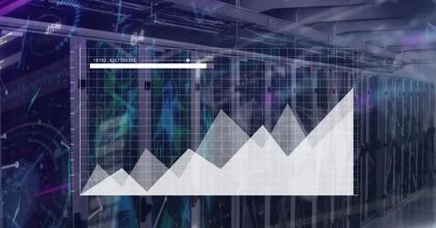 Image of graphs and loading bars over globe and connected dots over data server Stock Photos
