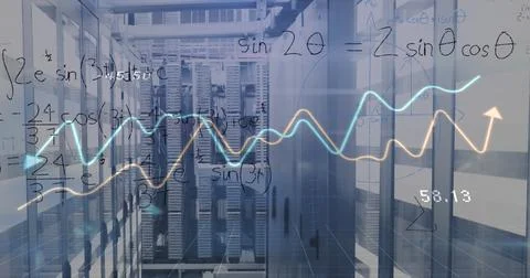 Image of graphs and math formulas over servers Stock Photos