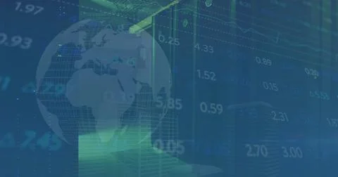 Image of graphs and numbers with globe over data center room Stock Photos
