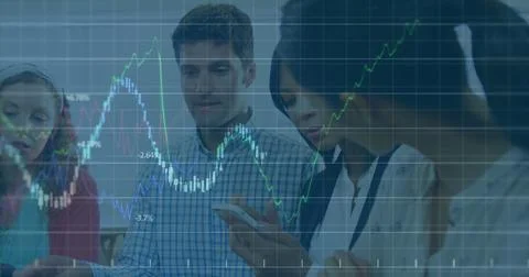 Image of graphs and numbers on grid pattern over diverse coworkers discussi.. Stock Photos