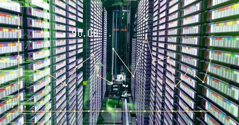 Image of graphs and numbers over servers Foto stock
