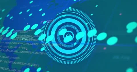 Image of graphs and processing circle over world map on green background Stock Illustration