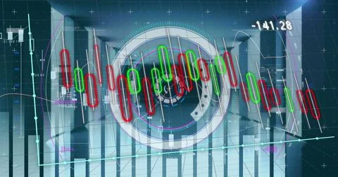 Image of graphs and processing circle over servers Stock Photos