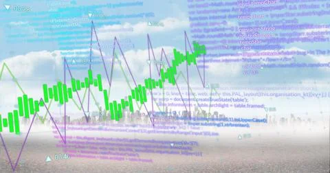 Image of graphs and processing data over bright cloudy cityscape 스톡 사진