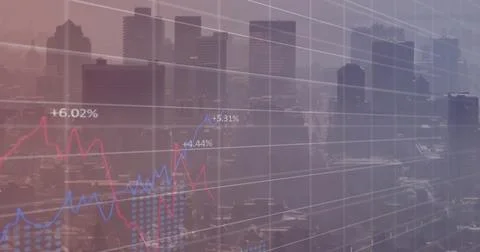 Image of graphs and processing data on grid over cityscape Stock Photos