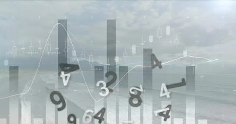 Image of graphs and processing data over sky and landscape Stock Photos